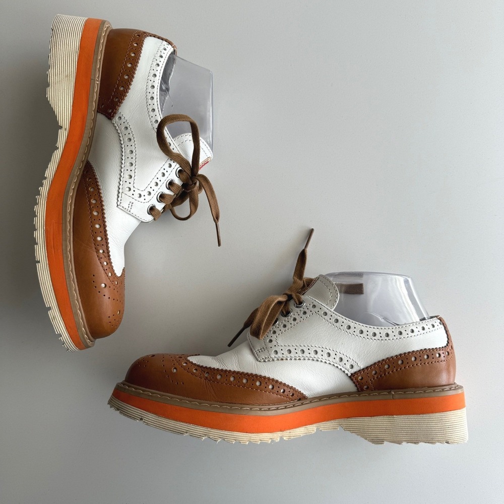 Prada Two Tone Perforated Leather Platform Brogues Brown White Shoes US size 7.5 - Picture 2 of 10
